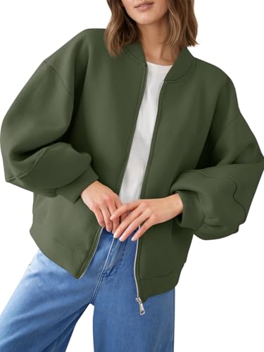 Fisoew Womens Zip Up Sweatshirt Casual Bomber Jacket Lantern Sleeve Oversized Jacket Fall Outfits 2025 Army Green