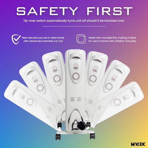 MYLEK Oil Filled Radiator 2000W with Adjustable Thermostat and 24 Hour Timer, 3 Heat Settings, Electric Portable Heater 9 Fin, Energy Efficient, Safety Tip Over (2KW White) - Image 4