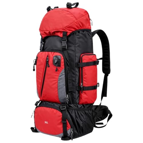 Mochila de Montanhismo 90L Impermeável com Compartimentos Múltiplos Alças Ajustáveis Viagem Ferias Trilha Camping Aventureiro Mochileiro (Vermelho)