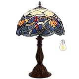 Tiffany Table Bedside Lamp Stained Glass Lamp Antique Style Blue Lotus Desk Reading Light 18' Tall Living Room Bedroom Library Banker Boho Victorian Memory Sympathy Type WERFACTORY LED Bulb Included
