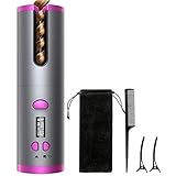 Cordless Curling Iron, USB Rechargeable Ceramic Automatic Curling Iron with LCD Display, 6 Adjustable Temperature, Auto Shut-Off,Timer Settings Intelligent Curler (Rose Red)