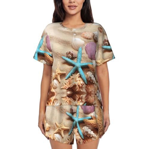 Pyjama court femme ultra doux à motif coquillages avec haut à manches courtes