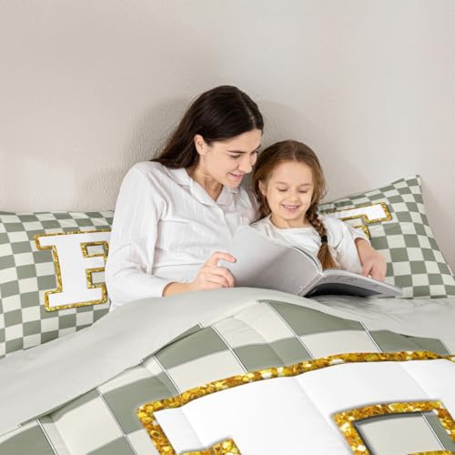 Image of Erosebridal Sage Green Checkered Kids Comforter Sets Plaid Initial F King Bedding Set for Adults Personalized Monogram Comforter Set,Fashion Grids Gingham Quilt Duvet 3 Pcs
