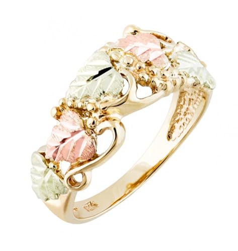 10k Yellow Gold Victorian Style Wedding Band for Women, Black Hills Gold Motif Jewelry with 12k Green and Rose Gold Accents, Genuine 10 Karat Gold Ring with Gift Box