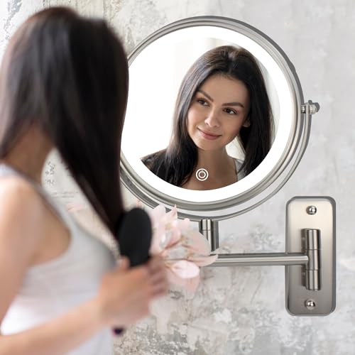 Janeeva 8 Inch Wall Mounted Lighted Makeup Mirror,Rechargeable Double Sided 1X/10X Magnifying Mirror With 3 Color Lights,Touch Dimmable Bathroom Vanity Mirror With 360°Swivel Extendable Arm Brushed Nickel thumb #5