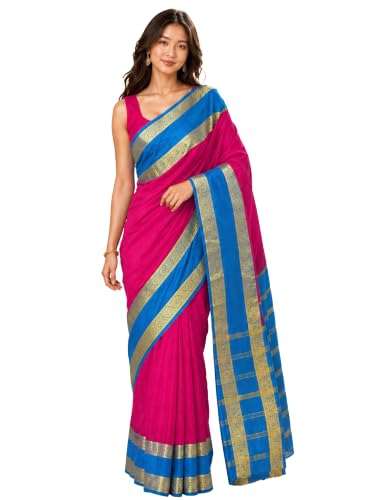 V Vervee Couture Women Rani Pink & Royal Blue Silk Blend Saree with Zari Border AMEHA