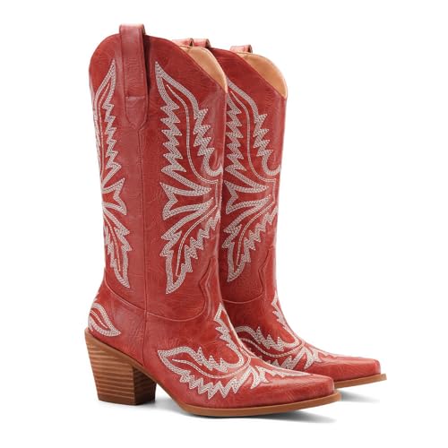 Image of Cowboy Boots for Women - Embroidered Western Cowgirl Boots with Fashion Snip Toe, 1.75-Inch Low Block Heel and All-Day Comfort Fit