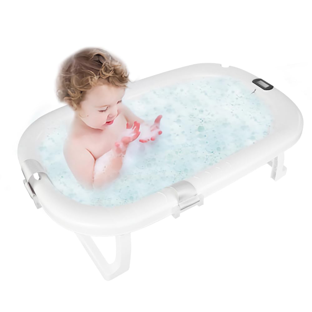 Bañera Bebe con termómetro digital, bañera plegable con toma de perilla de ducha, cojín soporte, ergonómico y poco espacio, adecuado para bebés de 0 a 24 meses (gris)