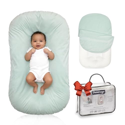 Image of Beisurznga Baby Lounger for Newborn - Snuggle Cozy Me Lounger | Breathable Soft Cotton, 0-24 Months Portable Playtime Baby Nest, Newborn Baby Essentials Gifts - Lake Green(1 Lounger + 1 Cover)