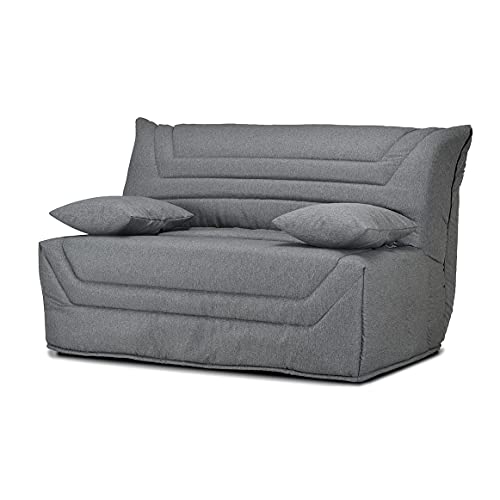 Meubletmoi Banquette lit BZ 140x190 cm avec Housse en Tissu Gris chiné Matelas épaisseur 12 cm et 2 Coussins déco - CYRIAC