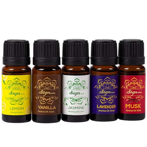 Image of Signamio 5 Pcs Essential Oil Set - Premium Reed Diffuser Fragrance Aroma Oil Collection for Home & Office - Long-Lasting Scented Blends for Relaxation & Wellness - Lemon /Lavendor /Musk /Jasmine /Vanilla