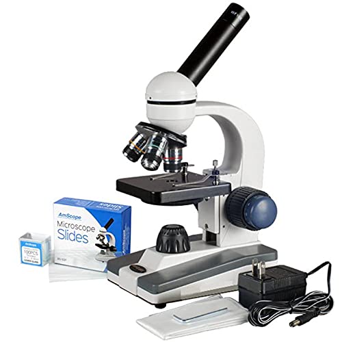 AmScope Microscopio monoculare portatile per studenti 40X-1000X + 50 scivoli vuoti