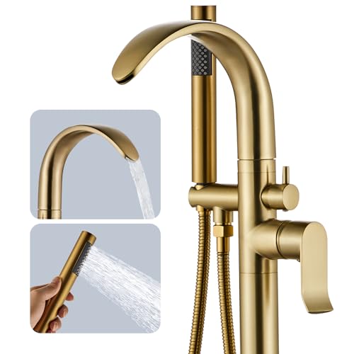 SONMAJIA Freestanding Tub Filler Bathtub Faucet Stand Alone Gold Waterfall High Flow Brass Brushed Gold, Stand up Unique Floor Mounted Modern Tub Faucet with Hand Shower