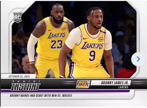 2024-25 Panini Instant Bronny James #25 -RC Rookie Lakers Bronny Marks Debut with Win, Father-Lebron behind Him- Basketball Trading Card- Los Angeles. Each Card Stamped 1 of 2475 on Back. Card Shipped in New Protective Screwdown Holder.