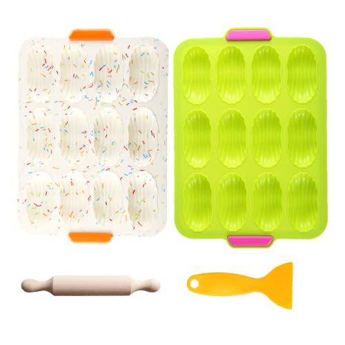 12 Cavity Madeleine Pan Set, 2Pcs Nonstick Silicone Madeleine Molds with Anti Slip Handle, 1Pcs Rolling Pin and Spatulas for Small Cake Candy Cookies and Oven Baking(Green + White)