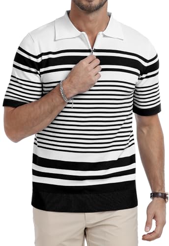 KUYIGO Men's Knit Collared Polo Shirts Short Sleeve Zipper Striped Tops Classic Fit Casual Soft T-Shirt3