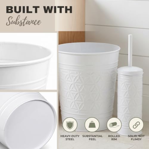 Image of Autumn Alley White Farmhouse Bathroom Trash Can and Toilet Bowl Brush with Holder - White Bathroom Accessories Set for Charming Bathroom Decor