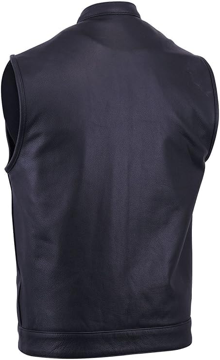 Men's Sleeveless Leather Biker Vest – Club Style Motorcycle Vest with 4 Pockets & Single Back Panel3