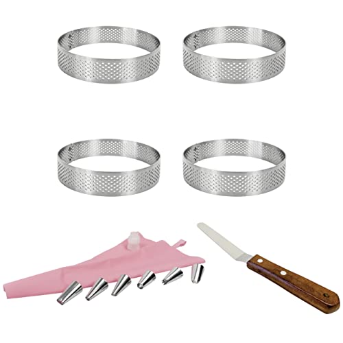 Uyauld Stainless Steel Perforated Tart Ring, 9CM Heat-Resistant Cake Ring French Tart Set with 4" Mini Icing Spatula, 6 Nozzels, Pastry Piping Bag Tart Mold Baking Set Round Shape, Gift Kit