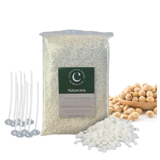 NATURCERA - Cera de Soja Moldeable 2 kg en Perlas, Incluye 10 mechas, para Fabricar Velas, Apto Colorantes, Aceite de Soja, Textura Sedosa, Alto Punto de Fusión, Vegetal, Olor Neutro, Color Blanco