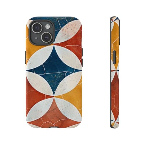 Coque rigide brillante pour iPhone 15 motif géométrique rétro bleu anti-rayures