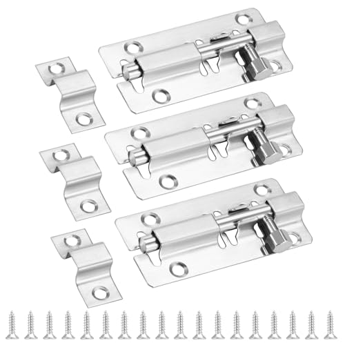 HonGien 3PCS Door Lock Bolt Heavy Duty Door Security Bolt Stainless Steel Barrel Sliding Door Lock with Screws for Bathrooms, Bedrooms, Toilets, Gardens, Sheds, Shower Rooms 97mm Silver (3 inch)