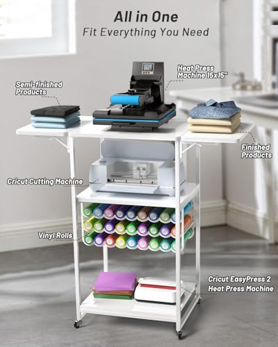 Yaz&Ouz RYT-234-WHITE 3 Movable Tier Heat Press Table, Foldable Craft Table With Storage 27 Vinyl Roll Holder, Crafting Table Compatible With Cricut Machine thumb #2