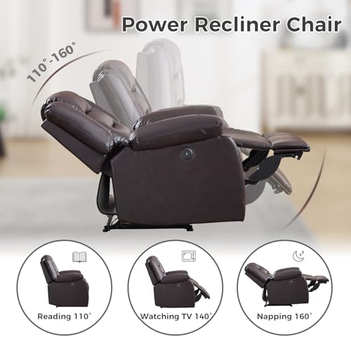Image of EBELLO Classic Power Recliner Chair, Faux Leather Oversized Electric Overstuffed Chair with Thicked Cushion and Back, Single Sofa with Comfortable Armchair, Brown, 2Pcs