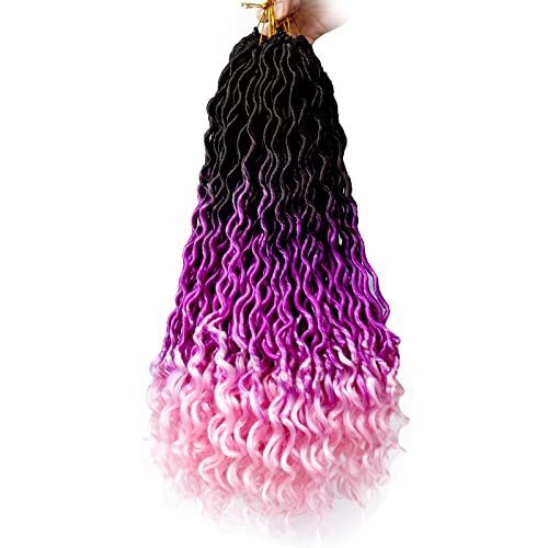 Goddess Locs Crochet Hair - 6 Packs 20 Inch Curly Faux Locs Crochet Hair For Black Women, Wavy Faux Locs Crochet Hair With Curly Ends Synthetic Braids Hair Extensions(20Inch,1B/Purple/Pink#)