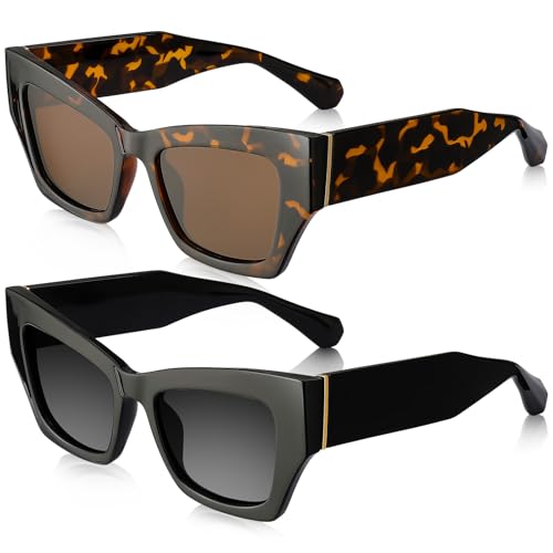patinadrift 2 Stück Sonnenbrille für Damen Polarisiert Vintage Cateye Sonnenbrille Eckig Coole UV400 Schutz Vintage Brille für Fahren Reisen