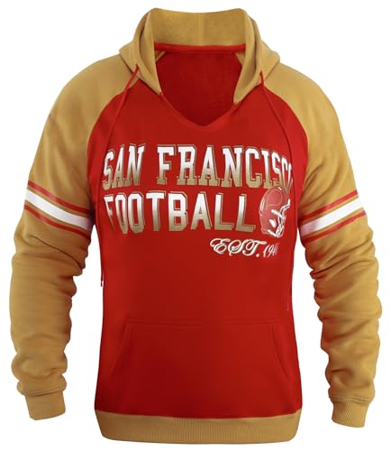 Simapak Womens City Football V Neck Athletic Fleece Hoodies Pullover Raglan Sweatshirts - Red & Golden (Size: 2XL)