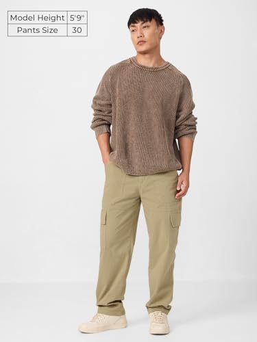 Image of The Souled Store Cargo: Men and Boys Buttoned Waist Solid Cotton Twill Lightweight Stretchable Multi Pocket Everyday Straight Fit Cargo Pants