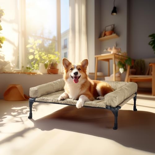 Veehoo Outdoor Hundeliege erhöht, Hundebett Erhöht mit abnehmbarem Bloster Kühlendes Erhöhtes Hundebett mit Atmungsaktivem Teslin-Netz für Haus und Garten, Beige 81 x 64 x 18cm