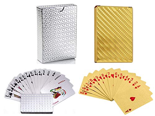 jcoral 2 Pack Gold Playing Cards Diamond Plastic Silver Playing Cards Waterproof Poker Cards,Highly Flexible Gold Foil Cards(Gold+Silver)
