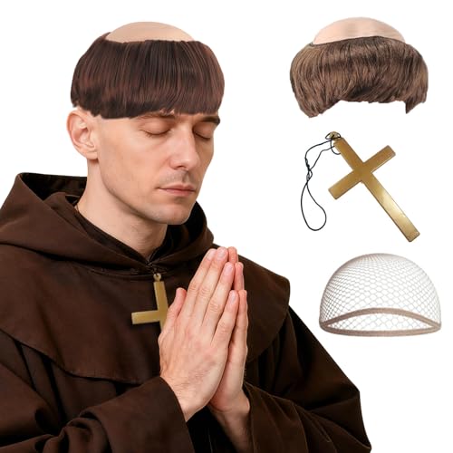 Feithmonic Perruque Moine pour Adulte Homme, Perruque Demi Chauve Latex, Collier Croix et Bonnet Wig, Perruques de Moine Tonsure pour Années 90 Prêtre Déguisement Carnaval Halloween Cosplay, Marron
