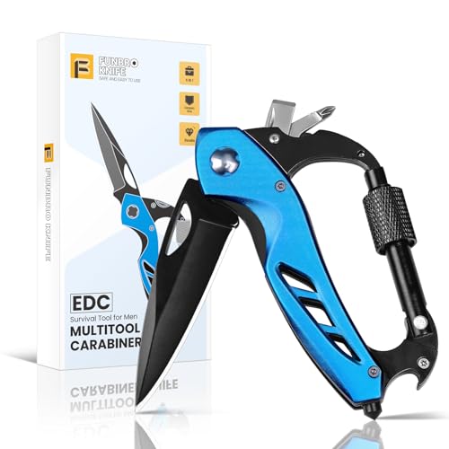 EDC Multitool Carabiner with Knife, Bottle Opener, Window Breaker and Screwdriver, Survival Knives Tools for Men Outdoor Camping (Blue)