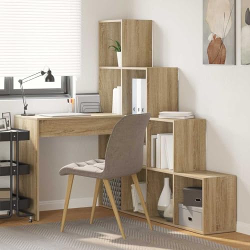 Ziaphsol Escritorio esquinero de roble Sonoma de madera con estante, 149,5 x 101,5 x 149,5 cm, ahorra espacio para oficina en casa, oficina, estudio, ordenador portátil con espacio de almacenamiento
