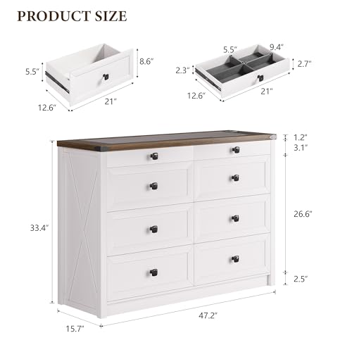 Farmhouse 8 Drawers Dresser and Nightstand Sets for Bedroom, Tall Wood Chest of Drawers with LED Light/Charging Station/Human Sensor,Clothes Dressers for Closet,Living Room,Hallway,bookcase(White Set)