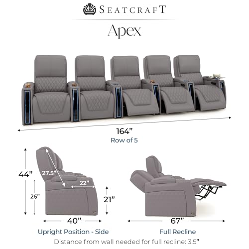 Image of Seatcraft Apex Home Theater Seating Gray Row of 4 Sofa | Italian Leather, Wall Hugger, Zero Gravity, Powered Headrest & Lumbar, Power Recline, Zero Gap