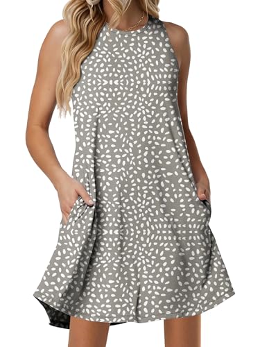 ANRABESS Women Summer Dress Built in Bra 2026 Casual Sleeveless Beach Sundress Flowy Tank Mini Short Dresses with Pockets Khaki Polka Dot XX-Large