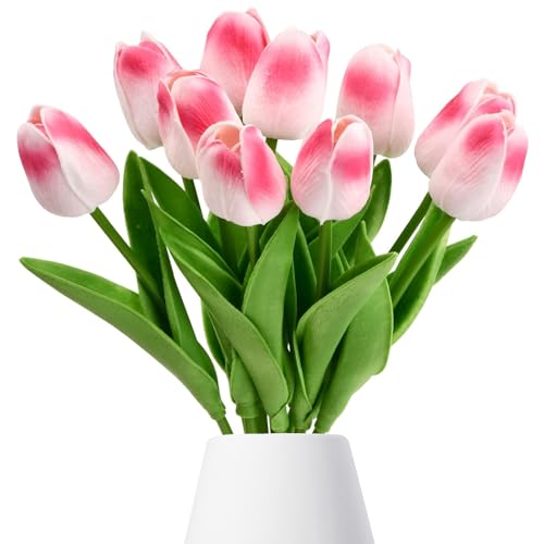 15 Stück Künstliche Tulpen Blumen, Kunst PU Tulpen Deko für Vase, Latex Fake KunstTulpen, Real Touch Kunst Tulpenstrauß, Fake Blumen Kunstblumen für Hochzeit Hause Hotel Party Tischdekoration, Rosa