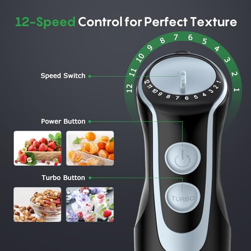 Image of Immersion Blender Handheld, 2-In-1 Hand Blender with 12-Speeds & Turbo Mode | 500W Emulsion Blender, 24oz Beaker, Stainless Steel Blade，Stick Mixer for Baby Food, Smoothies, Soups & Sauces