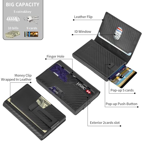 Mens slim Wallet，with RFID Shielding, Holds 9 Cards Easily, metal wallet， card wallet for Men, Minimalist Wallet For Men, Made of aluminum and Pu Synthetic Leather, Includes Cash clip (Carbon Black)2