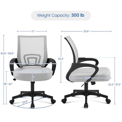 Image of Yaheetech Mid Back Mesh Computer Office Desk Chair Adjustable Swivel, Grey | Breathable mesh back and foam padded seat for comfortable work at home or office; steel frame holds 300 lb, easy assembly.