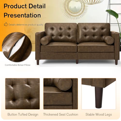 Image of 67 inch Premium Faux Leather 2-Seater Sofa with 2 Bolster Pillows and Tufted Backrest, Mid-Century Modern Loveseat Sofa, Luxury Couch for Living Room, Bedroom, Office, Coffee Brown