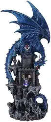 Pacific Giftware Mytical Blue Dragon Protecting Dragon Kingdom Castle com cabeça de dragão iluminada 50,8 cm