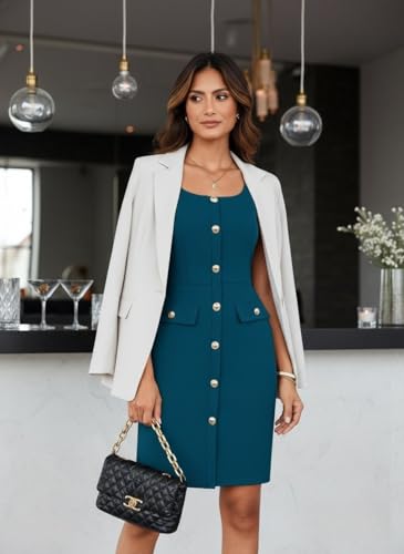 Image of GRACE KARIN 2025 Women's Buttons Belted Square Neck Business Work Dress Sleeveless Bodycon Midi Dress