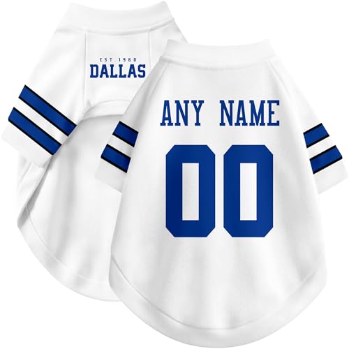 Image of Dallas Dog Clothes Jersey Style Personalized Pet T Shirt with Custom Name Number for Small Medium Large Dogs