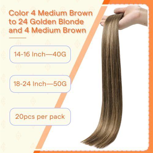Image of Full Shine Tape in Hair Extensions Human Hair 18 Inch Color 4 Brown Fading 24 Honey Blonde and 4 Brown Genius Human Hair Tape in Extensions 20PCS Hand Tied Weft Soft and Silky 50g Add Volume