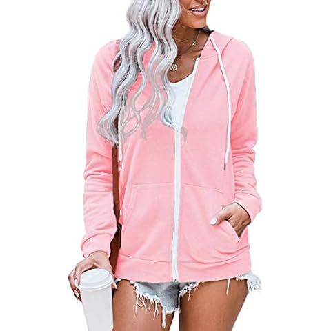 WROLEM Women Casual Full Zip Up Hoodie Comfy Loose Long Sleeve Sweatshirt Solid Color Jacket with Pockets, Brightpink, Large Cover